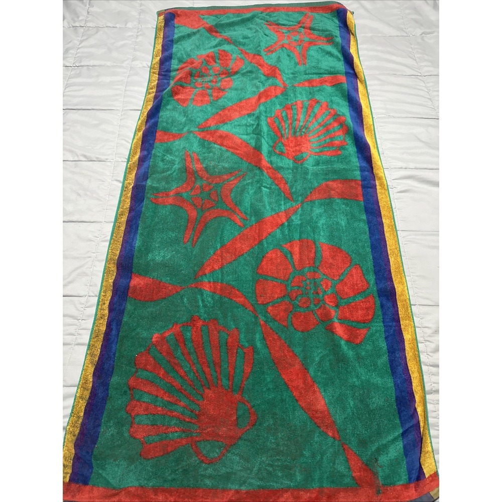 Vtg Cecil Saydah Beach Towel Shell. Blue  Green Yellow 56"26" 100% Cotton